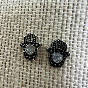Hamsa Hand Earrings Silver‎ Tone Rhinestone Small Textured Pierced Studs